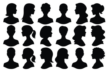 Set of Group Silhouette of woman. Vector avatar, profile icon, head black Silhouette Design with white Background and Vector Illustration