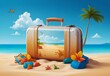 Touristic suitcase on sand sea beach with leaves paradise island sky cloud background