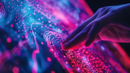 A close-up of a human hand touching a neon interface during a meditation session, where the contact point blooms with 3D fractal patterns, illuminated by black light, depicting the