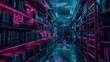 © Cathynew - A futuristic library with books that emit neon light, set in a dark room under black light
