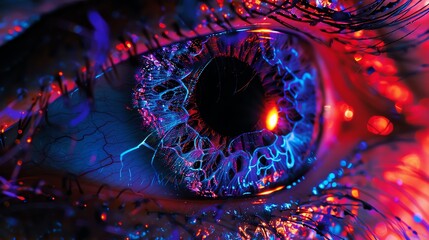 A high-resolution image of a human eye, enhanced with a biotechnological lens, illuminated by neon light under a black light, showcasing intricate 3D patterns on the iris.