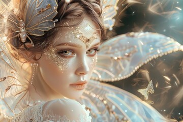 portrait of a girl with wings with golden elements