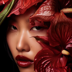 Wall Mural - AI generated illustration of a young woman with an orchid over her red lips