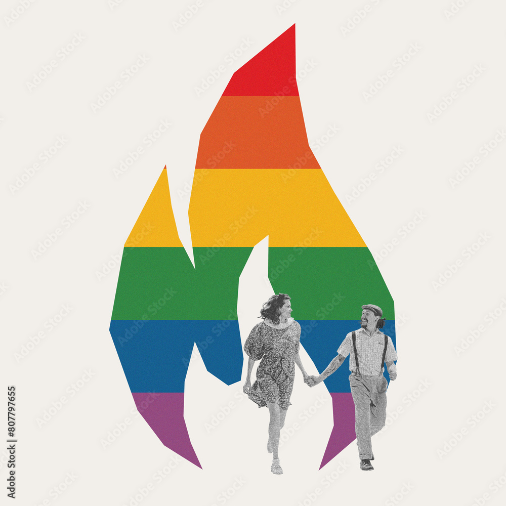 Flame of freedom. Happy young man and woman holding hands and walking ...