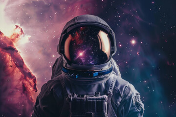 Wall Mural - Front view astronaut potrait. Astronaut in space suit with galaxy and nebula reflection in helmet glass