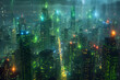 Cyberpunk Metropolis with Green and Blue Neon lights. Night scene with Advanced Architecture, 3D illustration