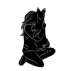 Wall Mural - woman hugging dog silhouette on white background vector