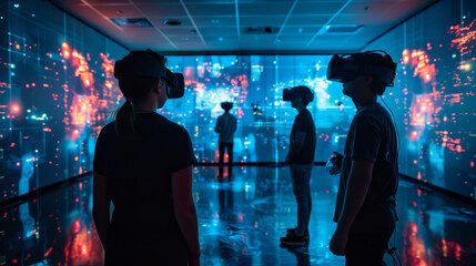 Young individuals engaged in a virtual reality experience with immersive visuals in a futuristic environment.