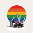 © master1305 - Monochrome image of man and woman lying and looking upwards against rainbow color circle elements. Contemporary art collage. Concept of LGBT, equality, pride month, support, love, human rights, event