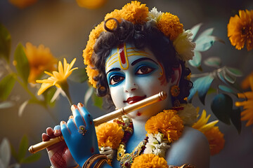 Sticker - vishu with a young lord krishna holding a flute with marigold flowers.