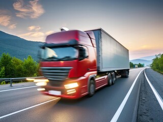 Wall Mural - Generated image, close up of the lights on an empty motorway with red lorry driving at high speed, motion blur, low angle, evening light, long exposure, photography