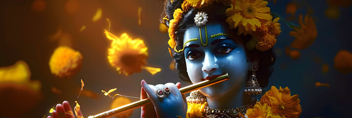 vishu with a young lord krishna holding a flute with marigold flowers.