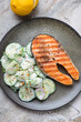Olive-colored plate with grilled salmon steak and cucumber salad, vertical shot, middle closeup, top view