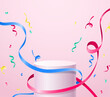 A podium with confetti ribbons for the presentation of your product on a light pink background. Vector illustration.