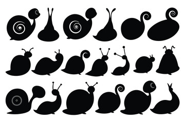 Set of hand drawn snail black Silhouette Design with white Background and Vector Illustration