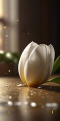 Wall Mural - Two white tulips stood majestically on a golden table, their petals gracefully releasing a shower of gold dust.