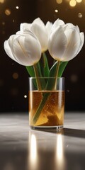 Wall Mural - Two white tulips stood majestically on a golden table, their petals gracefully releasing a shower of gold dust.