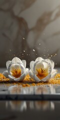 Wall Mural - Two white tulips stood majestically on a golden table, their petals gracefully releasing a shower of gold dust.