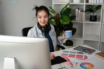 Wall Mural - ux designer. work on creative applications. man with a palette in his hands. designer applies the pr