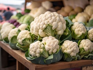 Wall Mural - A vibrant display of fresh organic cauliflower at a local farmer's market, showcasing the natural beauty of the vegetable and the vibrant atmosphere of the market.