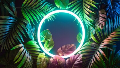 stunning circle glowing with vibrant green and blue neon light, surrounded by lush tropical leaves for a visually striking contrast. Background