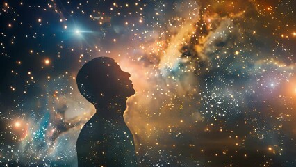 young adult gazing into a starry cosmic galaxy