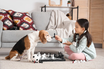 Poster - Cute little Asian girl with Beagle dog playing chess at home