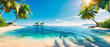 Idyllic Tropical Beach with Blue Water and White Sand, Palm Trees under Sunny Sky, Exotic Resort