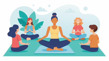 Soft instrumental music plays in the background as the yoga instructor guides the group through a series of relaxing poses.. Vector illustration