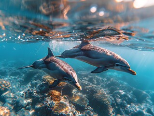 Dolphins swimming underwater in a beautiful landscape submarine view at summer