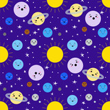 Fototapeta Pokój dzieciecy - Vector seamless pattern,  solar system with cute kids planets characters,  Earth, Sun, Mercury, Venus, Mars, Jupiter, Saturn, Uranus, Neptune, Pluto.
