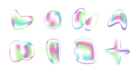 Abstract holographic liquid forms and shapes. Freeform gradient figures. Retro bubbles, spots, squiggles. 90s Y2k nostalgia.