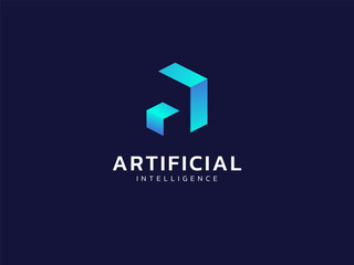 Wall Mural - artificial intelligence with letter a cube future technology analysis logo vector design concept. le