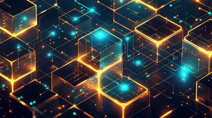 Wall Mural - Futuristic glowing cubes with light connections in 3D space