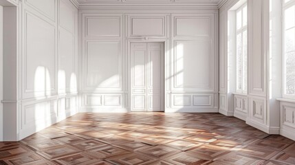 Poster - Empty modern living room with white walls and parquet floor
