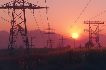 A network of transmission lines stretches across the landscape, conveying energy with towers and cables against a clear sky.