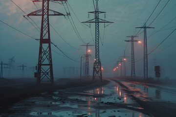 a network of transmission lines stretches across the landscape, conveying energy with towers and cab