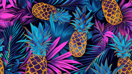 Wall Mural - Colorful tropical seamless pattern with vibrant pineapples and palm leaves