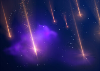 Wall Mural - Falling comets or asteroids with red sparkling flame trail in cosmos vector illustration, dark space with stars, clouds