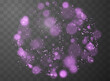 Purple glowing dust light on transparent dark background, bright light effect with glitters, blur sparkle magic overlay