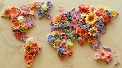 Map of world made from different kinds of flowers, close-up