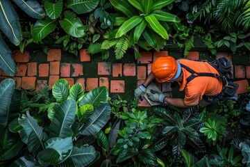 A man in an orange safety vest is working on a brick path in a lush green jungle