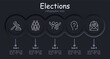 Elections set icon. Statistics, vote for candidate, sign, reflection, communication, discussion, infographic, neomorphism, envelope, letter, voter, group of people, ballot. Voting concept.