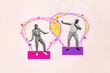 © deagreez - Composite trend artwork sketch image photo collage of young couple date together man lady dance carefree in huge cartoon lamp smart idea