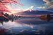 Snow-capped mountain peak, mountain lake and cherry blossoms. Japanese landscape illustration