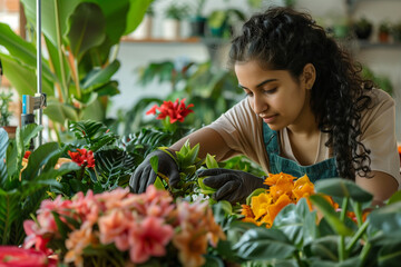 Candid style photo of South Asian florist tending to plants and flowers, natural lighting