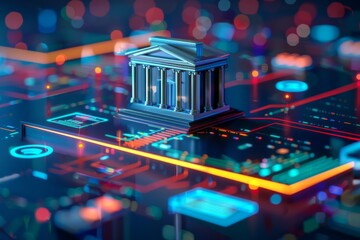 Wall Mural - AI generated illustration of a modern bank building against a glowing electronic backdrop