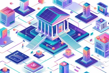 Wall Mural - AI generated illustration of a bank building surrounded by smaller buildings