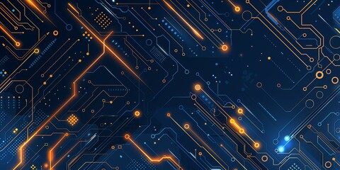 Printed circuit board electronic or electrical line on blue background, engineering technology concept, vector panorama