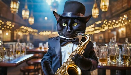 バーでサックスを演奏する猫